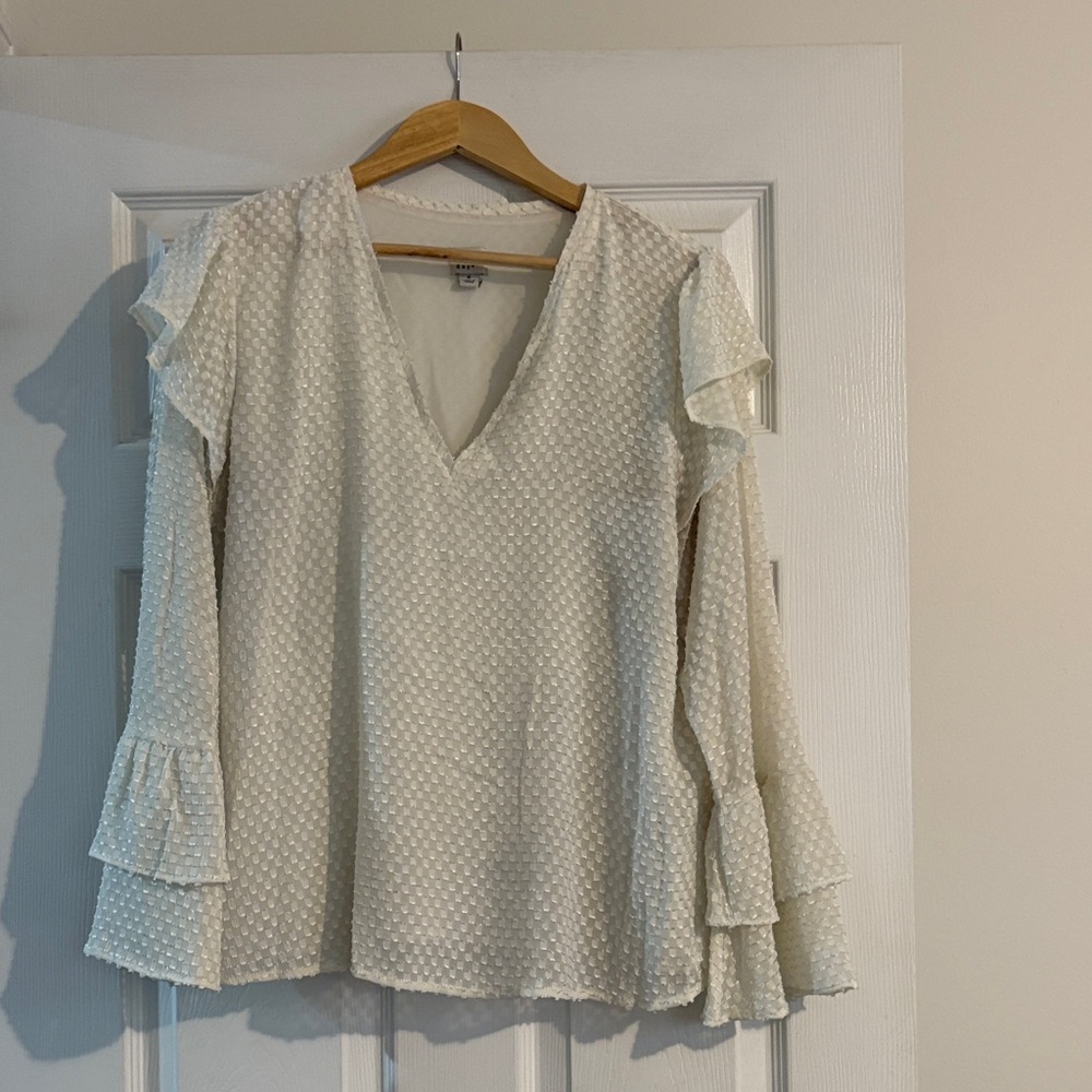 Elegant Cream V-Neck, Bell Sleeve Blouse